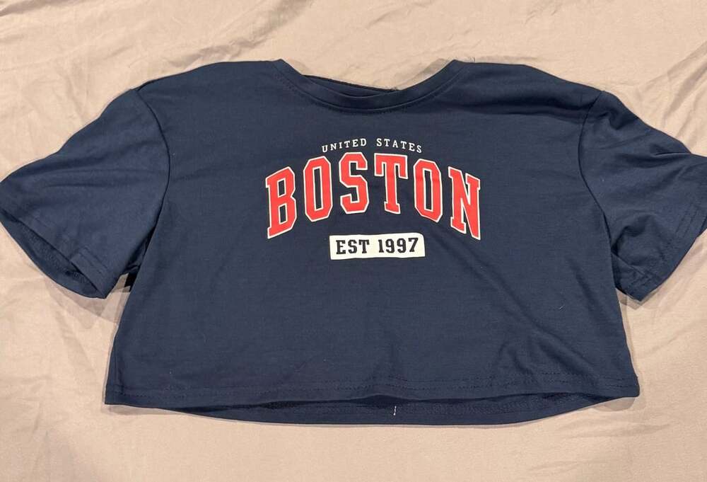 SHEIN Boston Est 1997 Letter Print Crop T-Shirt Navy Blue Size Small
